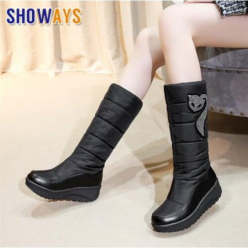 2021 Winter Women Snow Boots Platform Wedge Heel Round Toe Black Brown Down Plush Crystal Fox Casual Travel Lady Knee High Boots