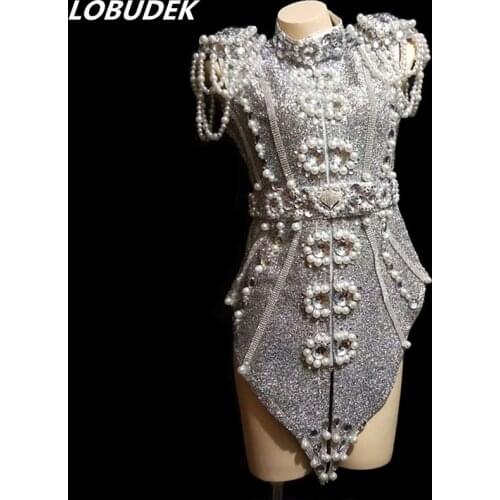 Female Pearls Rhinestones Dress Silver Beading Crystals Costume Nightclub DJ Singer Jazz Performance Clothes Sexy Stage Outfits