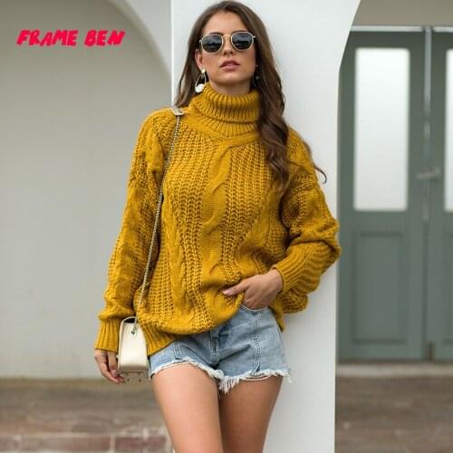 FRAME BEN 2019 New Autumn Winter Women Loose Knitted Sweaters Pullovers Turtleneck Long Sleeve Solid Color Sweater for Women