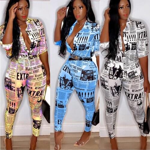 Echoine women new autumn newspaper letter print blouses shirts & pencil pants suit two piece set vintage tracksuit Club outfit