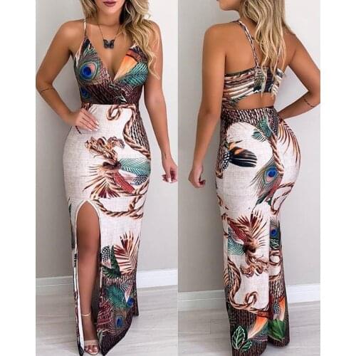 2019Summer new printing high slit bundle design strap dress sexy fashion irregular stitching backless V-neck bag hip tight dress
