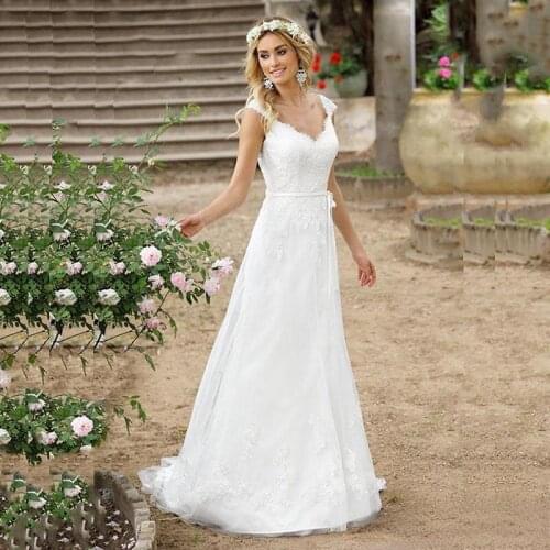 V-Neck Cap Sleeves Tulle A-line Wedding Dress with Belt Sweep Train Illusion Back Button Bridal Dress Vestidos De Novia