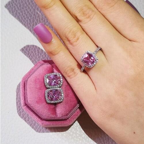 2pcs Pack Real 925 Sterling Silver Zircon Jewelry Set Engagement Ring Stud Earring For Wedding Christmas Gift J6017-pink