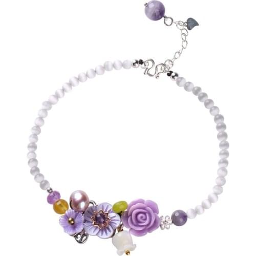 Trendy Cute Mysterious Purple Flowers Shell White Lily Anklet Adjustable Beads Chain Meo Grunge Ethnic Jewelry Gift Women Girls