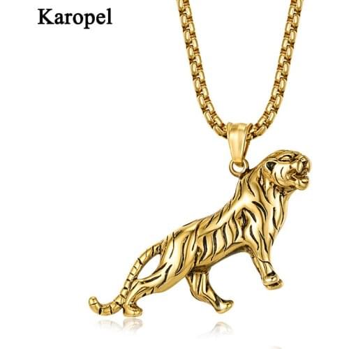 Karopel New Retro Mens Tiger Pendant Necklace Stainless Steel Chain Necklace Biker Jewelry One Piece Free Shipping