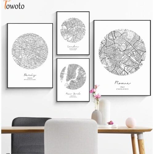 London New York City Map Print Canvas Painting Black and White Poster 50x70 Modern Minimal Wall Art Wall Paintings Office Decor