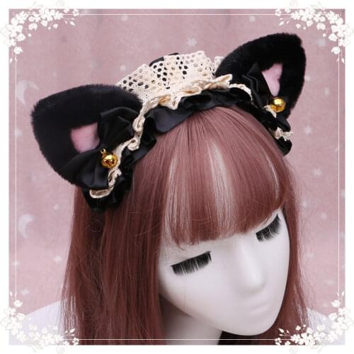 Kawaii Girls Lolita Headband Cat Ears Bow Tie Bell Head Hoop Sweet Hair Band Lace Ribbon Headdress Lolita Accessories