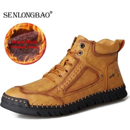 Classic Winter Mens Boots Warm Thick Plush Mens Snow Boots Outdoor Waterproof Men Western Boots Leather Men Motorcycle Boots