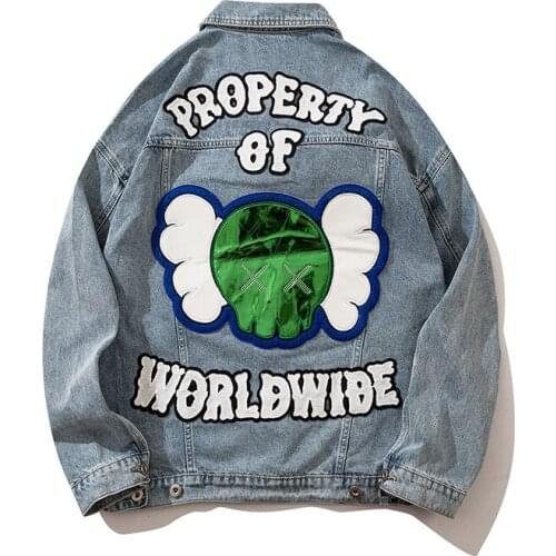 Men Fashion Denim Jacket Cotton Cartoon Street Wear Women Coat Hip Hop Soft Cowboy Couple Wear Letter Toys