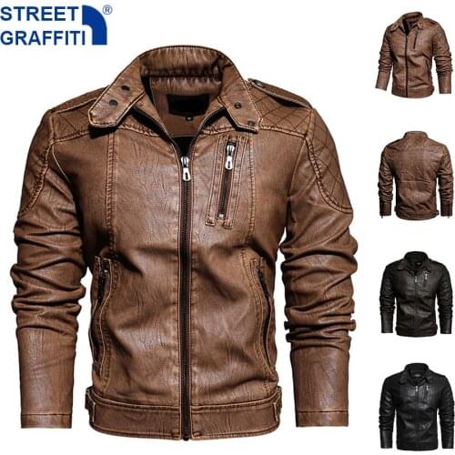 Men’s Motorcycle Jacket 2021 Autumn Winter Men New Faux PU Leather Jackets Casual Embroidery Biker Coat Zipper Fleece Jacket
