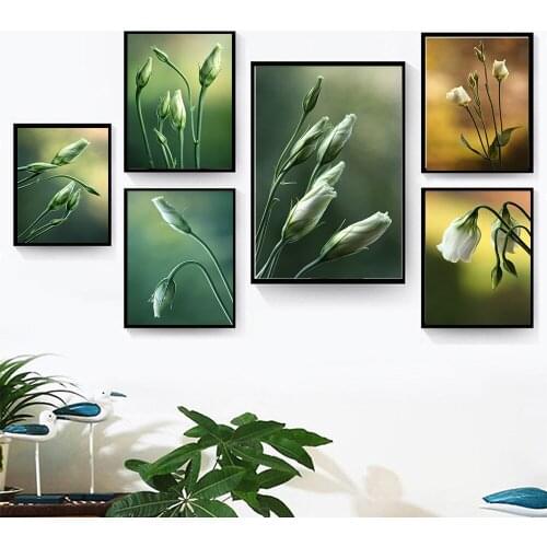 White Flower Bud Canvas Painting Flowering Green Plants Wall Art Nordic Posters and Prints Pictures for Living Room Home Decor