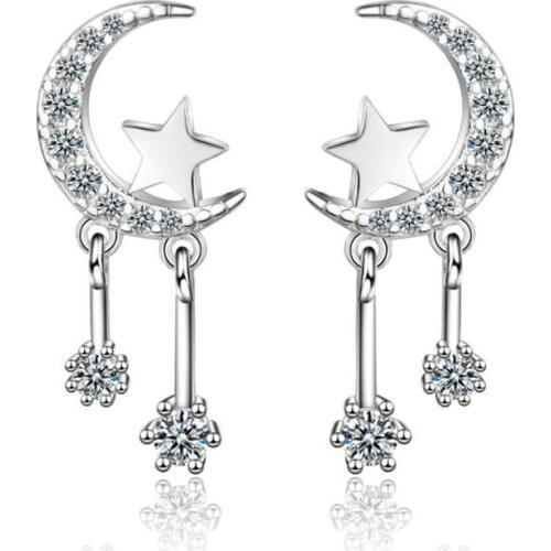 New Personality Simple Moon And Star Crystal 925 Sterling Silver Jewelry Temperament Crystal Popular Stud Earrings SE824