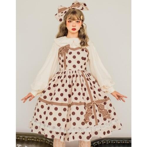 Sweet princess lolita dress retro lace bowknot high waist wave point printing victorian dress kawaii girl gothic lolita jsk cos