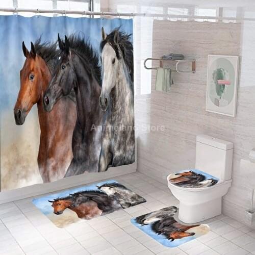Animal Horses Shower Curtains Fashion Cool Bathroom Curtain Bath Set Toilet Cover Mat Non-Slip Washroom Rug Set Modern 180x180cm