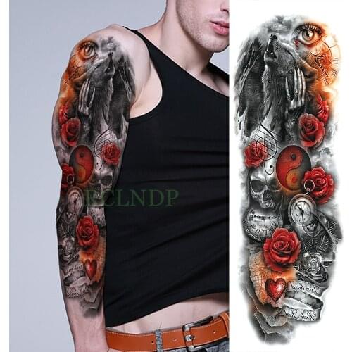 Waterproof Temporary Tattoo Sticker Howl of wolves Rose Skull full arm large size fake tatto flash tatoo sleeve for men women