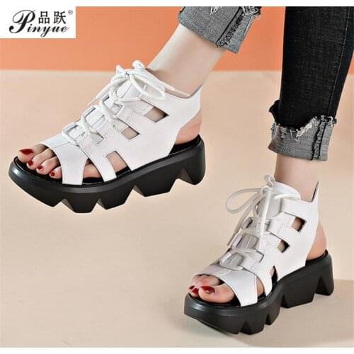 Fish Mouth High Quality Soft Leather And Cowhide Summer Roman Shoes Women Sandals Platform Heighten Shoe Wedges Sandals