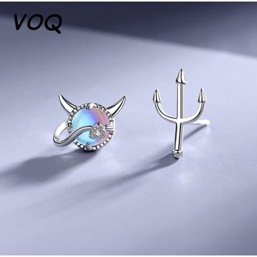 VOQ 925 Sterling Silver Little Devil Earrings Womens Cute Simple Moonstone Crystal Asymmetrical Earrings Fashion Jewelry Gift