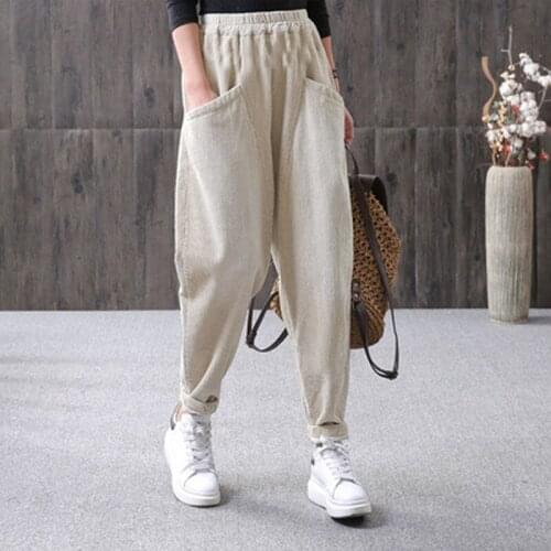 2021 Hot Fall Winter Women Corduroy Harem Pants Elastic Waist Loose Fit Casual Trousers High Waisted Leisure Harun Slim Fashion