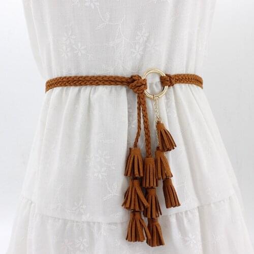 Womens decorative knotted dress woven belt versatile waist three string tassel gold ring waist rope