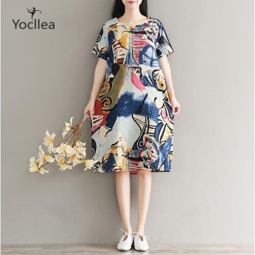 4XL Plus size Summer dress Women vintage Print cotton dresses Beach Loose Casual Dress femme 2019 fresh girl dresses