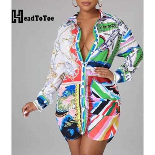 Chic Mixed Print Buttoned Dip Hem Shirt Dress Women Long Sleeve Casual Dress