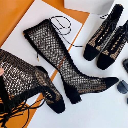 Womens Top quality Genuine Suede spliced Sandals Boots Summer Gladiator Martin Mesh Cross hollowed-out Breathable lace-up Shoes