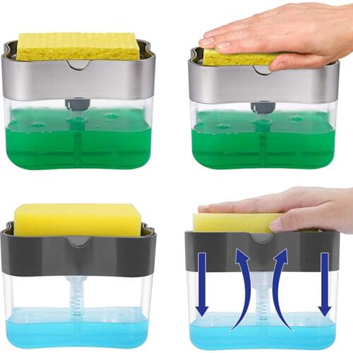 Soap Dispenser with Sponge Holder Cleaning Liquid Pump Dispenser Container Manual Press Home Bathroom Kitchen Clean Accessories
