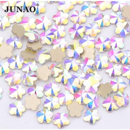 JUNAO 50pcs 6mm Flower Shape AB Crystal Glass Rhinestones Flat Back Fancy Nail Crystals Stones 3D Nails Art Decoration Manicure