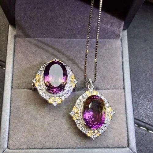 Best Gift Real Natural Ametrine jewelry set Natural Real Ametrine 925 sterling silver 1pc pendant,1pc ring