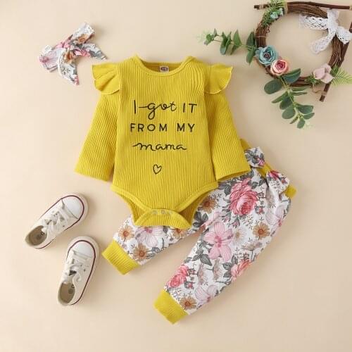 0-24 Months 3 Pieces Baby Suit Set, Letter Embroidery O-neck Long Sleeve Baby Clothes Romper+ Floral Print Long Pants+ Headband