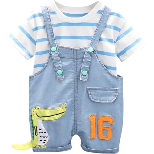 Summer Todder Baby Boy Girls Clothes Sets Short Sleeve Stripe T-Shirt Suspenders Pants Suit Outfits Children Clothing