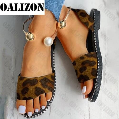 New Leopard Print Summer Women Metal Beaded Sandal Slippers Shoes Women Lady Flats Flip Flop Casual Flat Slingback Sandals Shoes