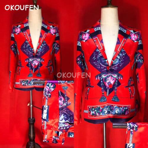 2019 New Fashion Mens slim red suits personality human face printed suits bar male singer stage show performance suits
