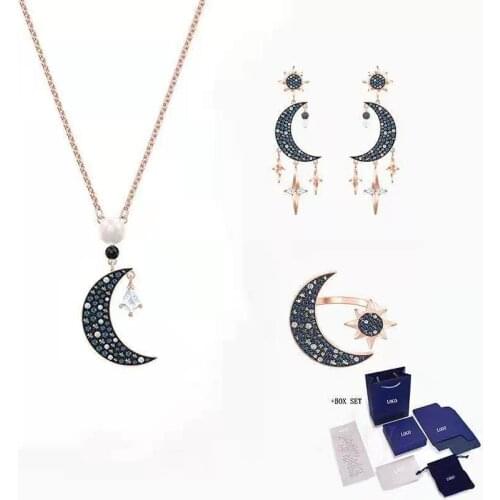 Fashion High Quality Jewelry SWA Necklace Ring Earring SYMBOLIC Set Rose Gold Night Sky Moon Crystal Ladies Gift Free Shipping