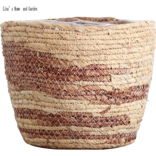 Set 3 pieces nature straw storage basket handmade flower pot with plastic liner