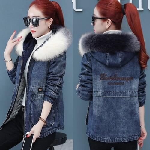 New Womens Denim Jacket Fur Parka Female 2021 Winter Black Jean Coat Ladies Hooded Outerwear Blue Fashion