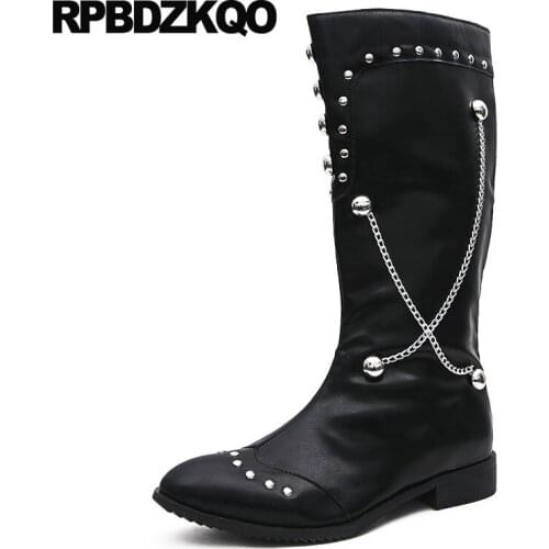 Shoes Rock Embellished Punk Zipper Metalic Mid Calf Fur Stud Black Mens Leather Tall Boots Rivet Pointed Toe Waterproof Runway