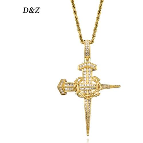 D&Z New Large Dagger Cross Pendant Necklace Iced Out Cubic Zircon Stones Gold Silver Color Hip Hop Charm Necklace Jewelry Gift
