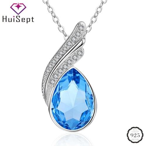 HuiSept Silver 925 Jewelry Necklace for Women Water Drop Shape Sapphire Zircon Gemstone Pendant Wedding Party Ornament Wholesale