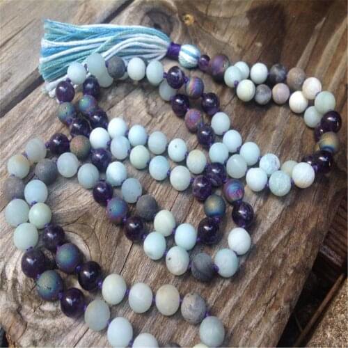 8mm Frosted Amazonite Amethyst Gemstone 108 Beads Mala Necklace Wristband Classic Yoga Spiritua Buddhism Religious Mala