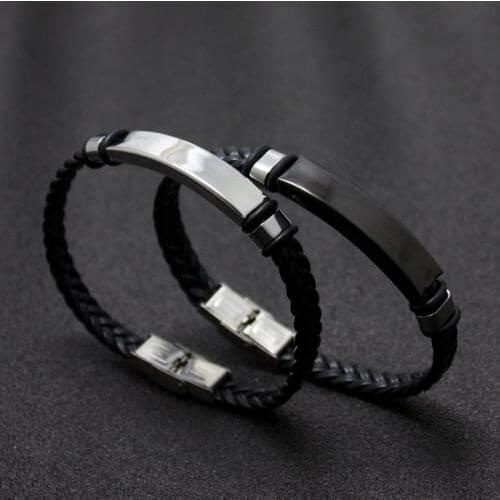 Punk Braclets Charm Black Man Bracelets with Braided Leather Stainless Steel Buckle Clasp Rope Women Jewelry