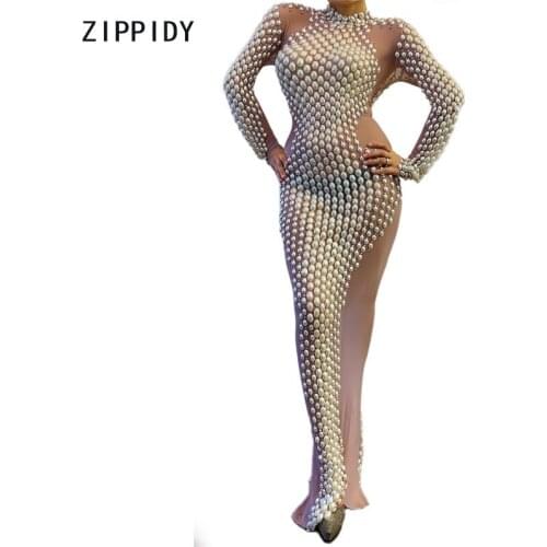 White Pearls Rhinestones Transparent Dress Women Dance Dress Bar Prom Birthday Celebrate Mesh Outfit Long Dresses