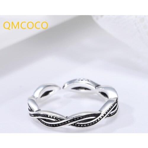 QMCOCO 925 Sterling Silver Minimalist Geometric Back Hollow Braided Rope Adjustable Ring For Fashion Women Party Fine Jewelry