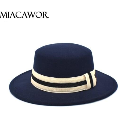MIACAWOR Hot Sale Flat Top Hat Wool Top Hat Ladies Ribbon Panama Fedora Hat Jazz Hat Autumn And Winter Felt Hat Ladies Ha P30
