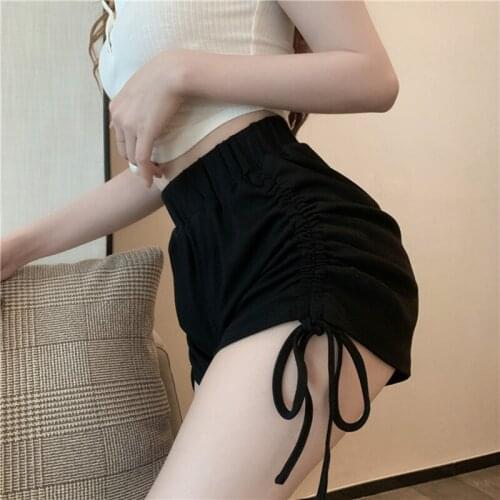 QOERLIN High Waist Drawstring Shorts Summer Loose Hot Pants Womens Shorts Slim Elastic Waist A-line Shorts Black Trouser Girls