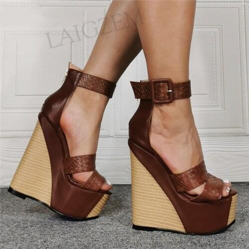SEIIHEM SUPER Women Platform Wedges Pumps Open Toe High Heels Back Zip Sandals Ladies Brown Ladies Shoes Woman Size 4143 44 47