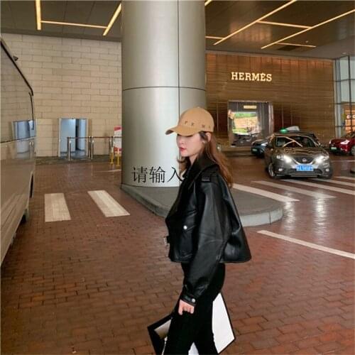 Spring Short Motorcycle Jacket Women Fashion Long Sleeve Black Faux PU Water Wash Leather Coat Female Loose Outerwear Tide G1135