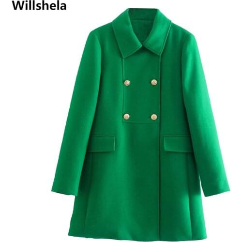 Willshela Women Fashion With Pockets Double Breasted Solid Coat Long Sleeve Lapel Neck Vintage Female Jacket Chic Outfits