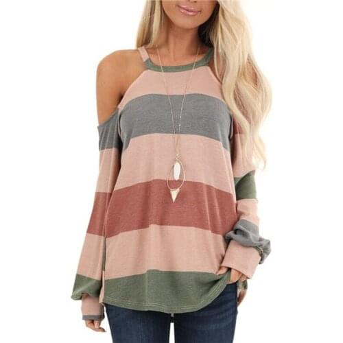 Sexy Women Striped Shirts Long Sleeve Tops Round Neck Off Shoulder Blouse Halter Shirt Office Lady Tops Casual Loose Blouses