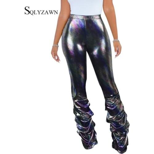 Women High Waist Glitter Dots Pleated Flare Pants Fall Streetwear Gothic Silver Black Trousers Harajuku Club Bell Bottom Joggers